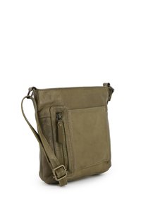 Olivgrüne Leder-Crossbody-Tasche mit einer vorderen Reißverschlusstasche, verstellbarem Riemen und glatter Textur im minimalistischen Design.