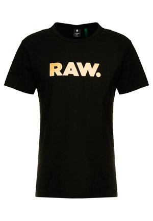 Sort T-shirt med korte ærmer med fed, beige store bogstaver "RAW." centreret på brystet, mellem størrelse, rund halsudskæring.
