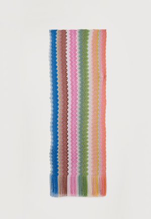 Dolga pletena ruta z navpičnimi cikcak črtami v modri, rjavi, roza, zeleni, rumeni, oranžni in beli barvi, z večbarvnimi resicami.