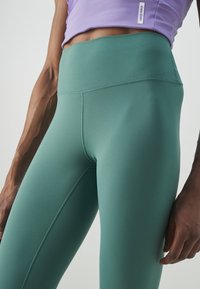 Högmidjade gröna leggings gjorda av ett mjukt, stretchigt material med förstärkta sömmar och en platt midja, vilket ger en figurnära siluett.
