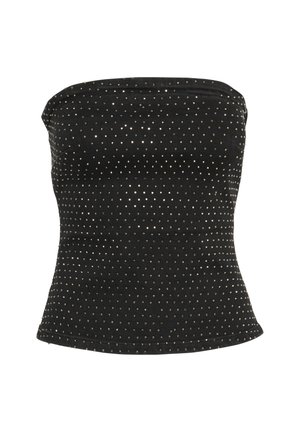 Top noir sans bretelles en tissu lisse, ornée d'accents métalliques en clous formant un motif à la surface, silhouette ajustée et bas évasé.