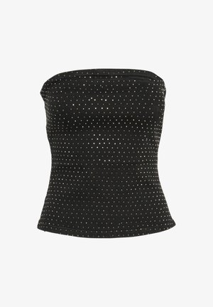 Melna strapless bluze, kas izgatavota no gludas auduma, ar metāliskiem rhinestone akcentiem rakstā uz virsmas, pieguļoša silueta un izplešanās apakšmalas.