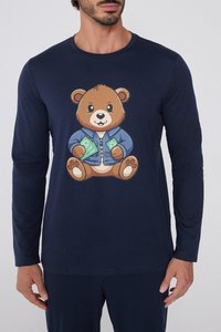 Tmavě modrá košile s dlouhým rukávem s kresleným medvědem v bundě držícím peníze, kulatým výstřihem a jemnou texturou látky.