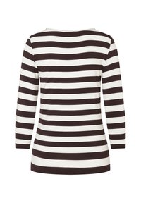 Langärmliges Oberteil mit einem runden Halsausschnitt, das abwechselnd dunkle braune und weiße horizontale Streifen auf einem weichen, leichten Stoff zeigt.