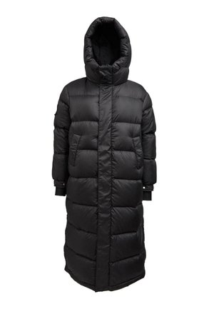 Schwarze Pufferjacke mit langem Design, übergroßer Kapuze, gestepptem Muster und elastischen Bündchen. Glattes Material mit vorderem Reißverschluss.