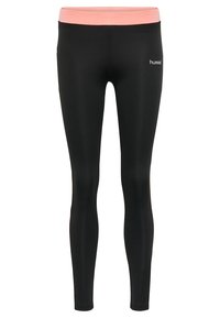 Leggings neri con una cintura rosa, realizzati in materiale elastico, caratterizzati da un design aderente e un branding discreto sul lato.
