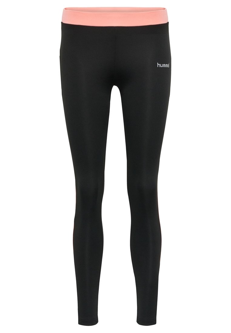 Leggings neri con una cintura rosa, realizzati in materiale elastico, caratterizzati da un design aderente e un branding discreto sul lato.