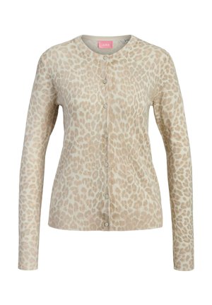 Beige und cremefarbener Langarm-Cardigan mit Leopardenmuster, rundem Ausschnitt und vorderer Knopfleiste.