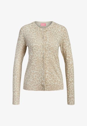 Beige ja kerma pitkähihaisen neuletakin leopardikuvio, pyöreä pääntie ja etupuolen napitus.