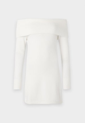 Sweater branco sem mangas com gola canelada e mangas longas. Textura suave, design até ao joelho e punhos canelados ajustados.