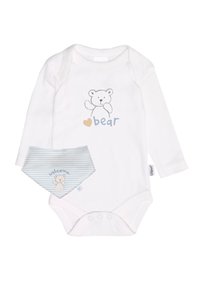 White long-sleeve bodysuit with bear graphic and blue lettering, paired with matching striped bib featuring bear and "welcome" text.