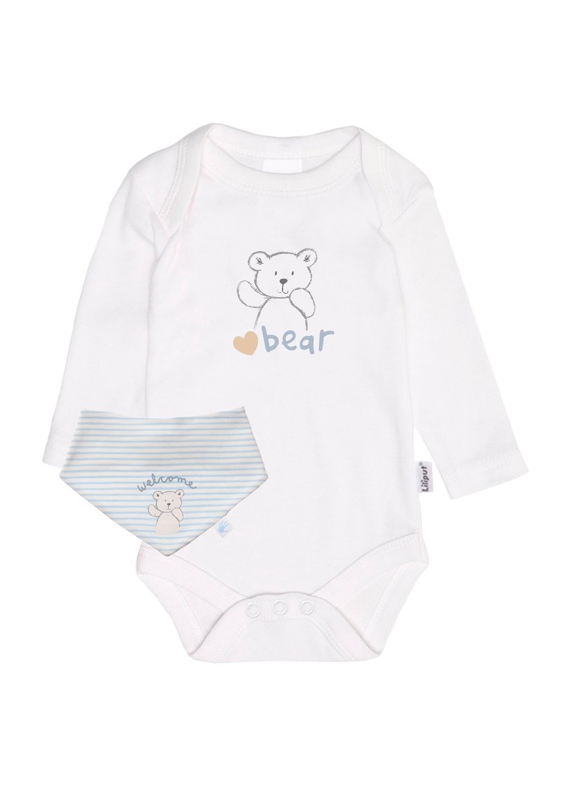 White long-sleeve bodysuit with bear graphic and blue lettering, paired with matching striped bib featuring bear and "welcome" text.