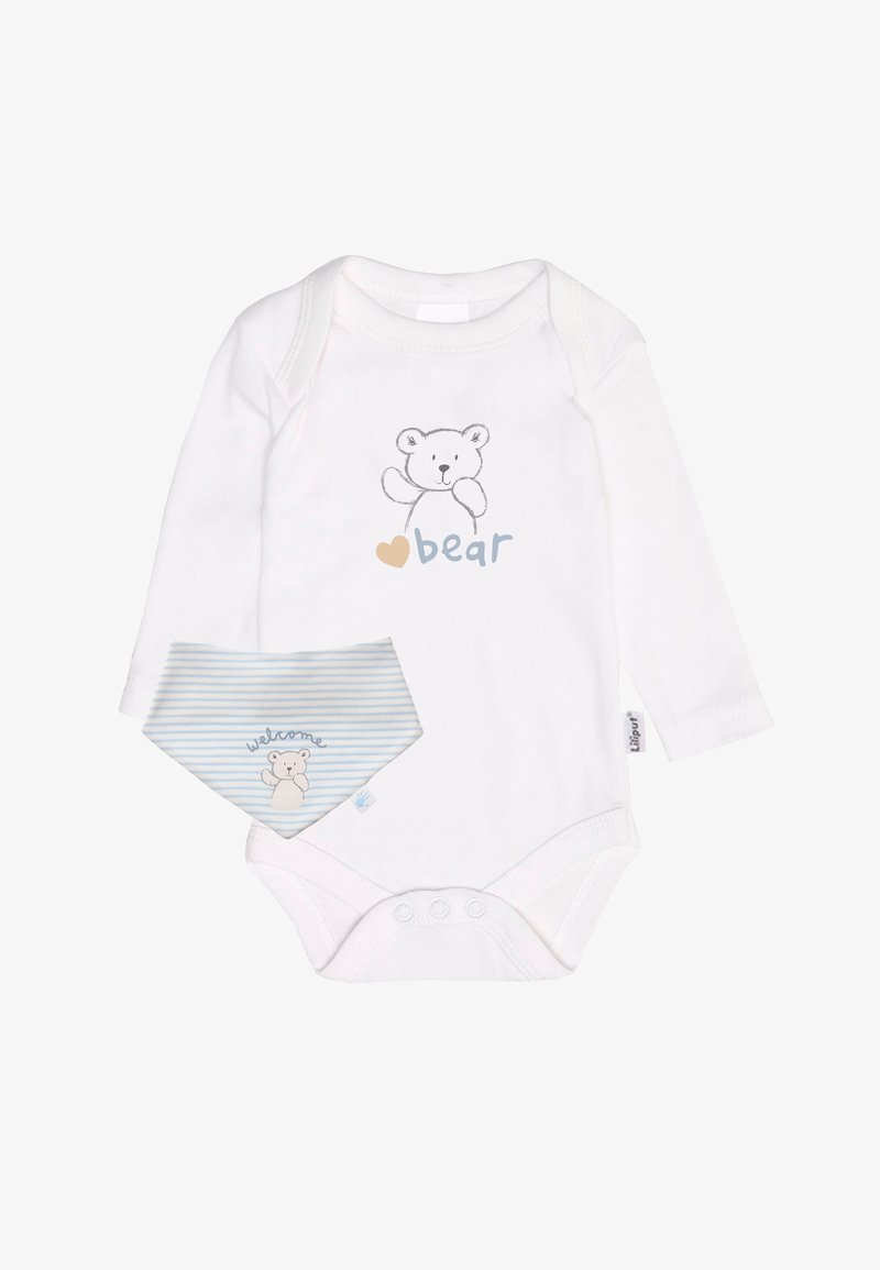 Weißer Langarm-Body mit Bären- Grafik und blauer Schrift, kombiniert mit passendem gestreiften Latz mit Bären und dem Text "Willkommen".