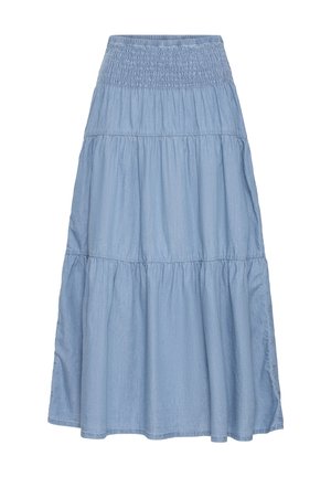 Lyseblå lagdelt midi-nederdel med elastisk rynket talje, flydende stof og blød tekstur.