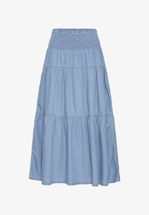 Lyseblå lagdelt midi-nederdel med elastisk rynket talje, flydende stof og blød tekstur.