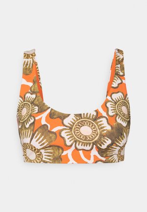 Floral bikini top featuring a vibrant orange background, large white and brown flowers, wide straps, and a square neckline. Smooth fabric texture.