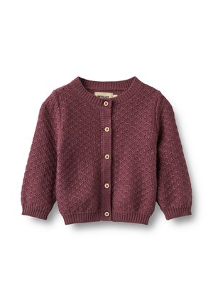 Kinder Strickjacke mit langen Ärmeln in Dunkellila mit Knopfverschluss und strukturiertem Muster auf Vorderseite und Ärmeln.