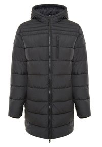 Svart puffjacka med huva, med vertikal quiltad design, dragkedjeslutning och sidofickor. Slät textur med ribbad muddar.