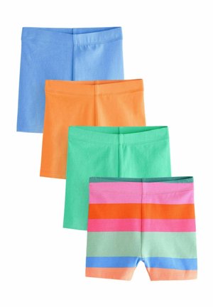 Vier Paare Kindershorts, einfarbig blau, orange, grün und mehrfarbig mit horizontalen Streifen in Rosa, Orange, Grün, Blau und Pfirsich.