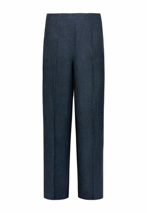 Mørkeblå skræddersyede bukser med lige ben, forreste folder, kort længde og struktureret talje.