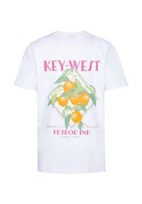 Witte katoenen t-shirt met een kleurrijke oranje grafiek en de tekst "KEY-WEST" in roze. Bevat details zoals bladeren en het merklogo onderaan.