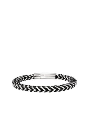 Schwarzes Leder- und silbernes Edelstahlgeflecht-Armband mit einem glatten silbernen Verschluss, graviert mit "S. STEEL."