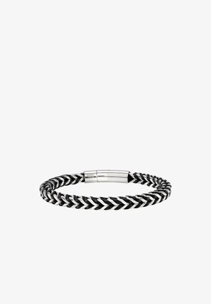 Zwart lederen en zilverkleurige roestvrijstalen gevlochten armband met een gladde zilverkleurige sluiting gegraveerd met "S. STEEL."