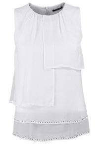 Blusa bianca senza maniche con drappeggio anteriore a strati. Tessuto trasparente, scollatura rotonda e dettagli in perline lungo l'orlo. Chiusura con zip sul retro.