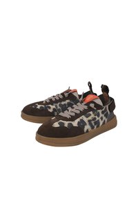 Brown and patterned sneakers with suede material, featuring grey laces, leopard print accents, and a rubber sole.