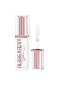 Tubetto trasparente di lucidalabbra rettangolare con tappo metallico rosa e applicatore, etichettato "Gloss Affair" di Bellaoggi.