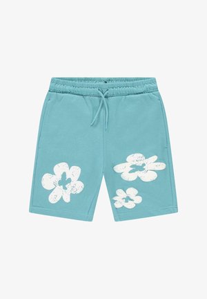 Turquoise katoenen short met een elastische tailleband, voorzien van grote witte bloemenprints aan de voorkant. Zachte textuur, casual ontwerp.