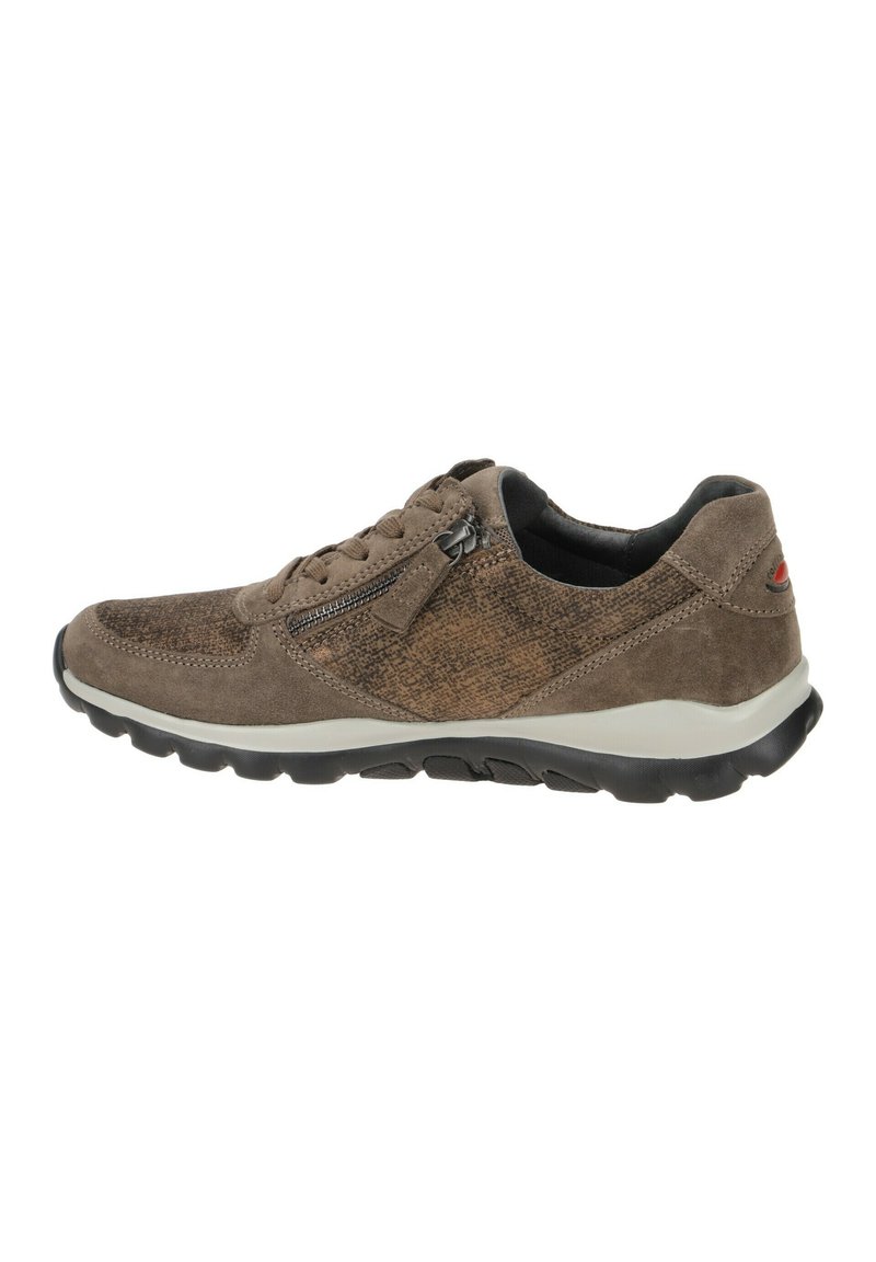 Brown suede sneaker with textured detailing, lace closure, side zipper, white midsole, and black rubber outsole.