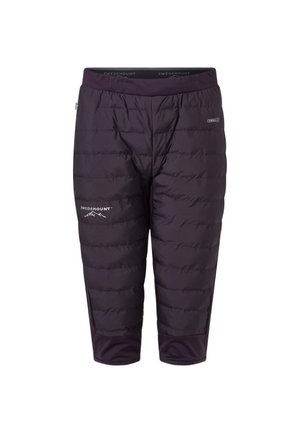 Pantalon violet foncé isolé trois-quarts avec taille élastique, logo Swedemount et design matelassé.