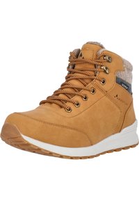 Botte de randonnée haute imperméable couleur beige avec lacets à motifs, col matelassé et semelle en caoutchouc blanche.