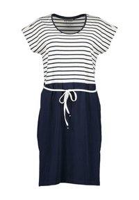 Abito a righe con parte inferiore blu navy e parte superiore bianca. Presenta maniche corte, un collo rotondo e una cintura con cordino bianca.
