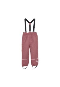 Waterproof pink snow pants with black suspenders, elastic waist, white accents, and foot straps for secure fit.