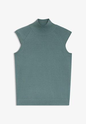 Hihaton teal-värinen neulottu yläosa, jossa on korkea ribbineulottu puolikaulus ja hienovaraiset sauman yksityiskohdat olkapäillä.