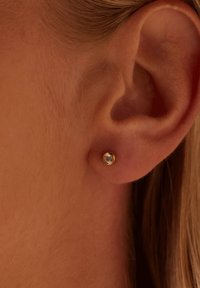 Gouden studoorbel met een heldere ronde edelsteen, met een gladde afwerking en cirkelvorm, tegen een lichte huidtint.