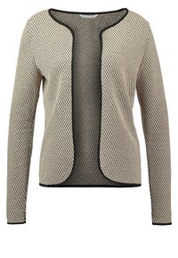 Pletený cardigan v béžové barvě s texturovaným vzorem včelí plástve, s černým lemem po okrajích a dlouhými rukávy. Otevřený design vpředu.