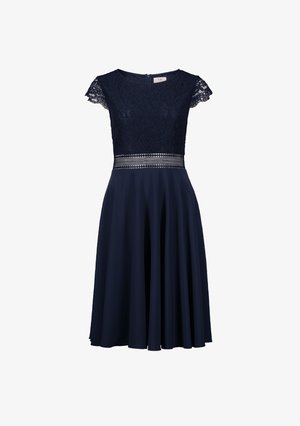 Granatowa sukienka z koronkowym gorsem, krótkimi rękawami, satynowym paskiem z ozdobami oraz zwiewną spódnicą. Zamek błyskawiczny z tyłu.