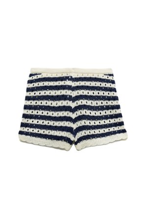Strikshorts med horisontale navy og hvide striber, lavet af letvægtsmateriale med åbenværk mønster og bølgende kant.
