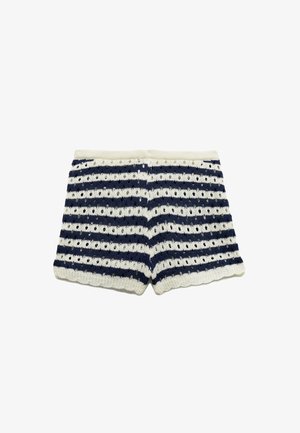 Strikshorts med horisontale navy og hvide striber, lavet af letvægtsmateriale med åbenværk mønster og bølgende kant.