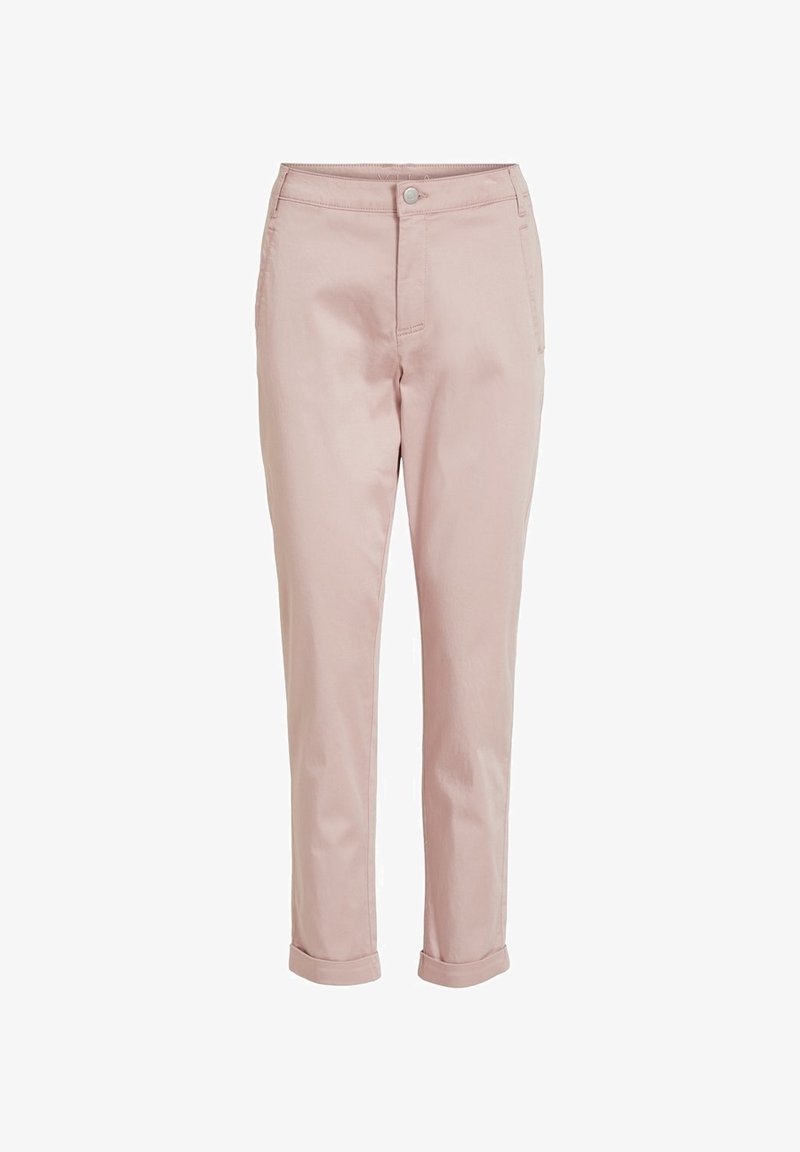 Pantalon slim rose clair avec poches avant, fermeture par bouton, braguette zippée et ourlets roulés, présenté sur fond blanc.