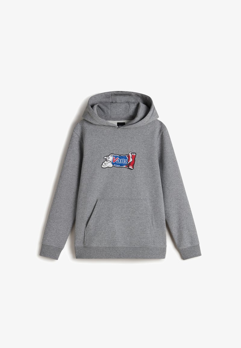 Hoodie en coton gris avec une poche kangourou à l'avant, des poignets côtelés et un graphique coloré du logo Vans ressemblant à un emballage de bonbons.
