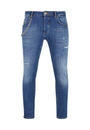 Jeans in denim blu snodati con un accento di catena, caratterizzati da lievi abrasioni e un classico design a cinque tasche. Tessuto resistente con una superficie liscia.