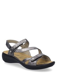 Metallic gray sandal with crisscross straps and decorative rivets. Features a cushioned footbed and black rubber sole for comfort.