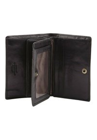 Portefeuille en cuir noir avec plusieurs emplacements pour cartes, une fenêtre ID transparente et une fermeture à pression. Texture lisse et design simple.