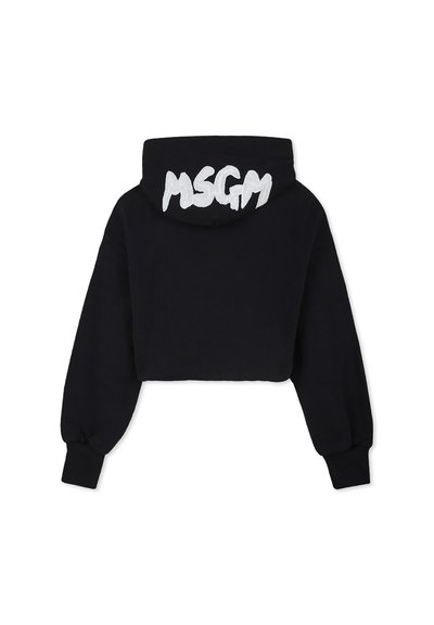 Zwarte cropped hoodie met een groot wit "MSGM" logo geborduurd op de achterkant, met wijde mouwen en een zachte textuur.