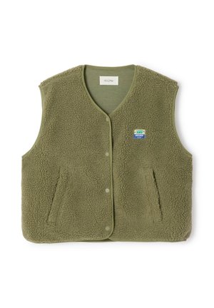 Green fleece vest with a textured, fuzzy surface. Features a v-neck, button closure, two front pockets, and a small logo patch.