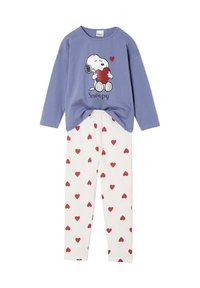 Snoopy-themed pajama set featuring a blue long-sleeve top with graphic print and white pants with red heart patterns. Soft cotton material.